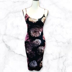 Lovely Day Crushed Velvet Roses Women's Small Cocktail Slip Dress Black Floral